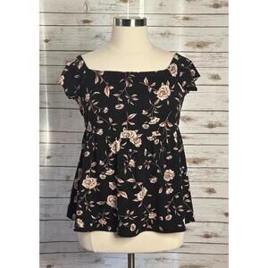 Torrid casual black/pink floral cap sleeve empire waist top Size 2/2X